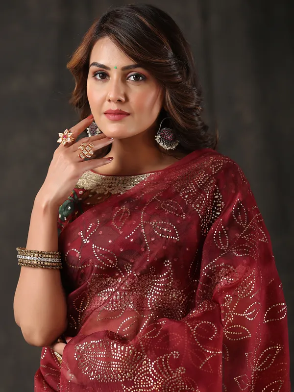 Trendy maroon organza saree