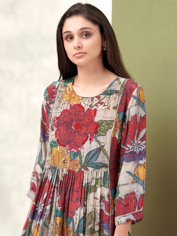 Trendy maroon printed silk kurti
