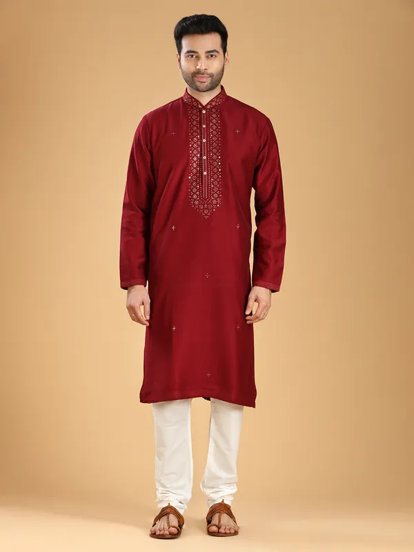 Trendy maroon silk festive  Men Kurta pajama