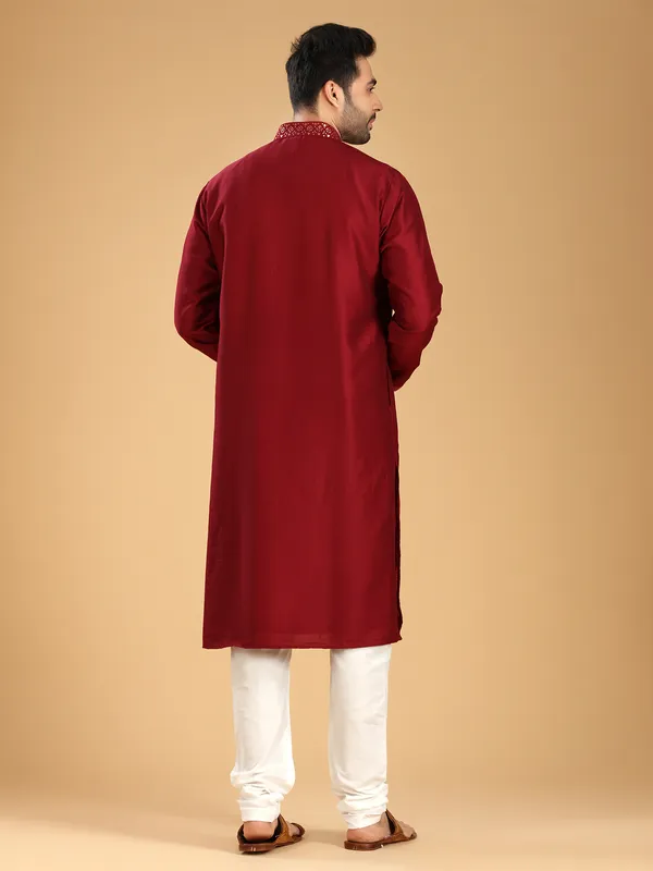 Trendy maroon silk festive  Men Kurta pajama