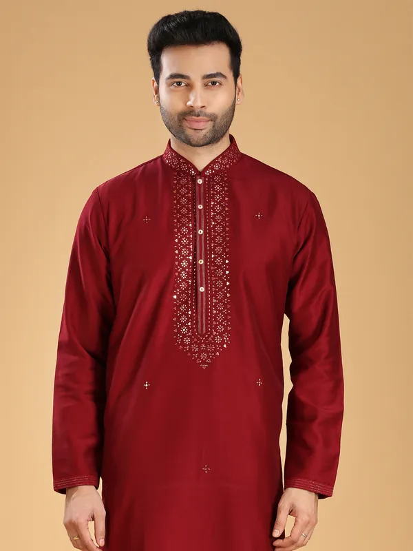 Trendy maroon silk festive  Men Kurta pajama