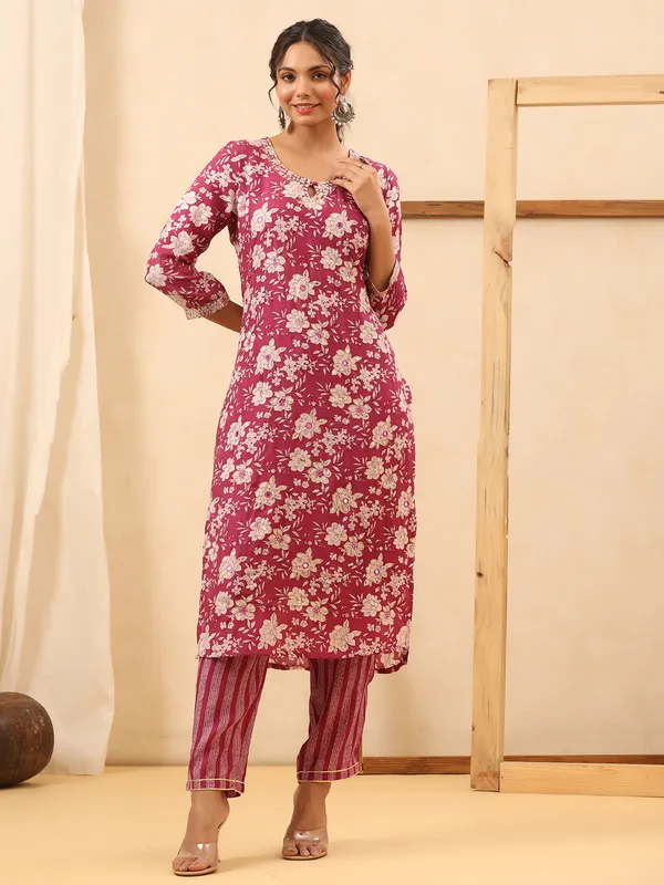 Trendy maroon silk printed kurti with pant