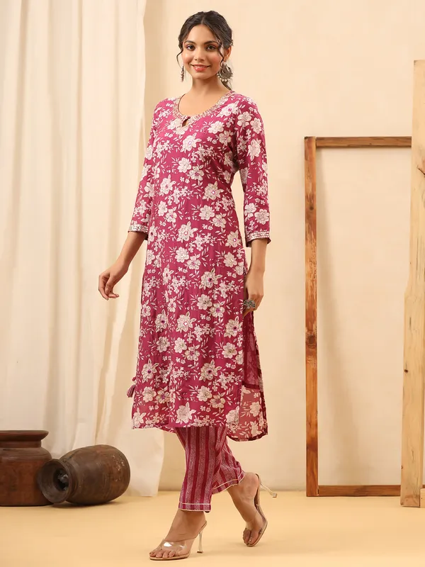 Trendy maroon silk printed kurti with pant