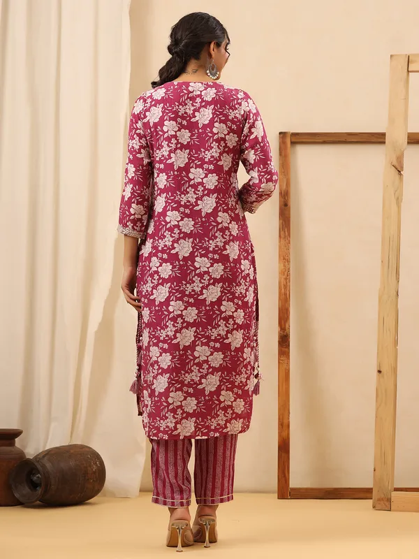 Trendy maroon silk printed kurti with pant