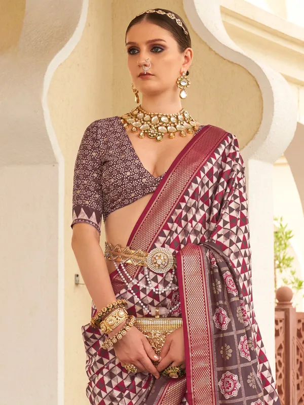 Trendy maroon silk printed saree