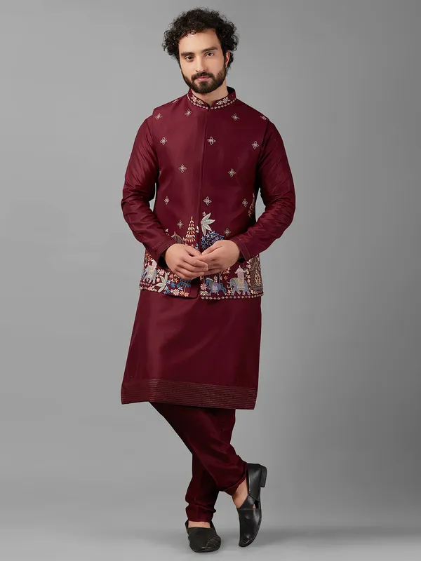 Trendy maroon silk waistcoat set