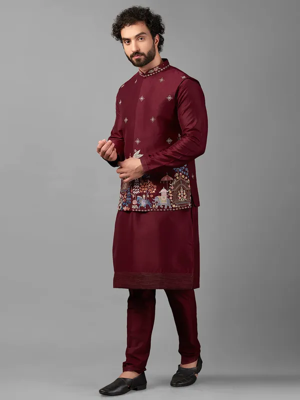 Trendy maroon silk waistcoat set