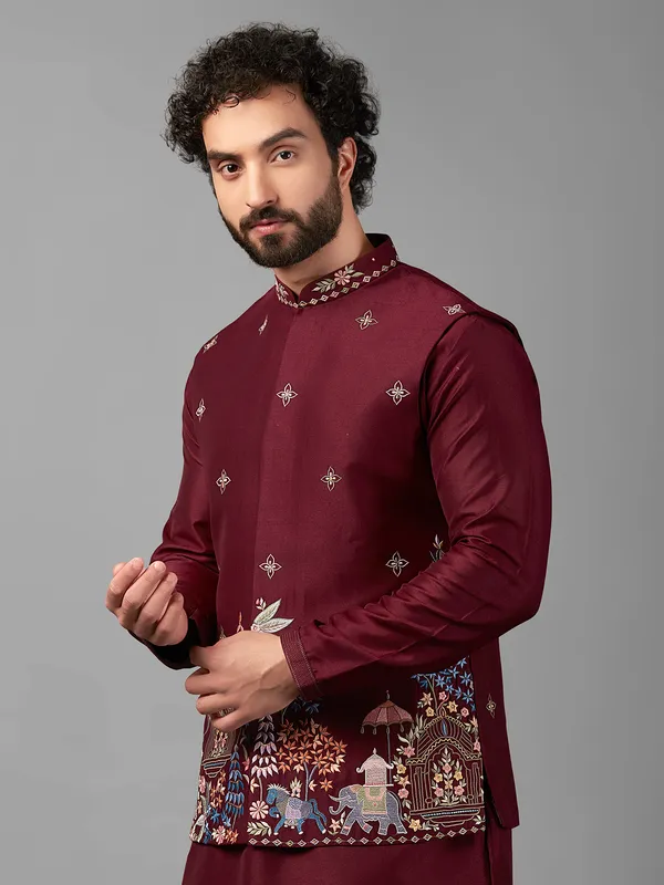 Trendy maroon silk waistcoat set