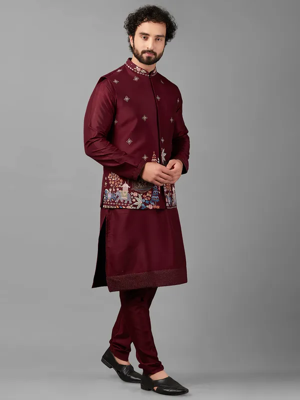 Trendy maroon silk waistcoat set