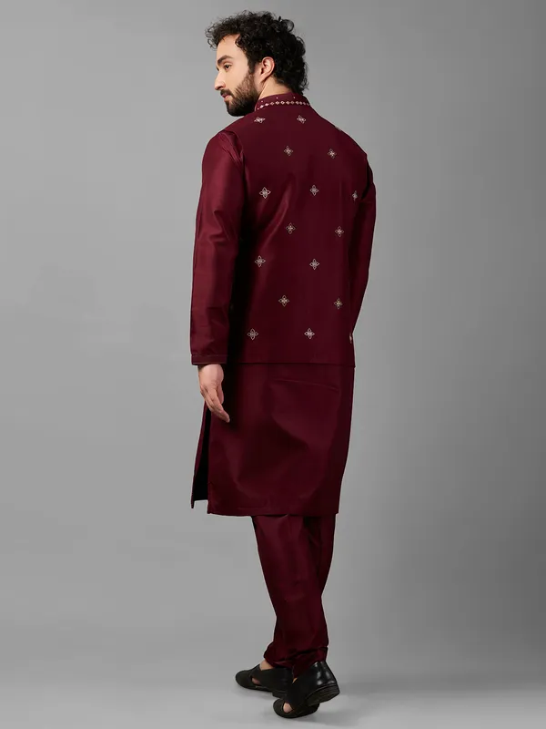 Trendy maroon silk waistcoat set