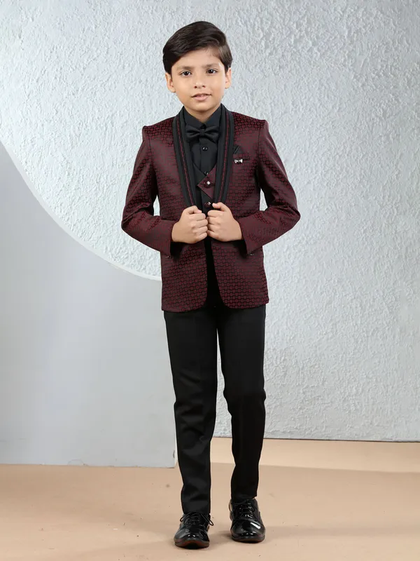 Trendy maroon textured terry rayon coat suit