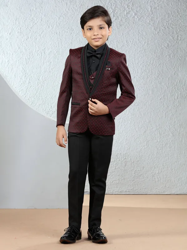 Trendy maroon textured terry rayon coat suit