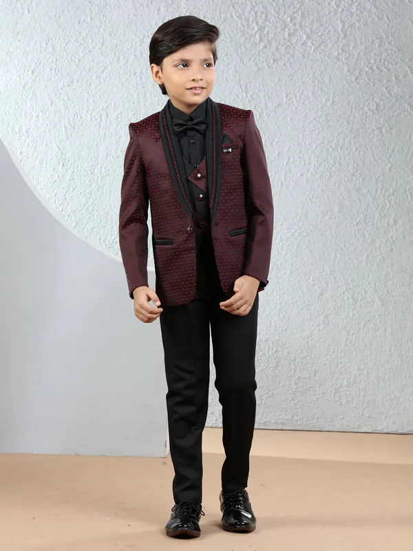 Trendy maroon textured terry rayon coat suit