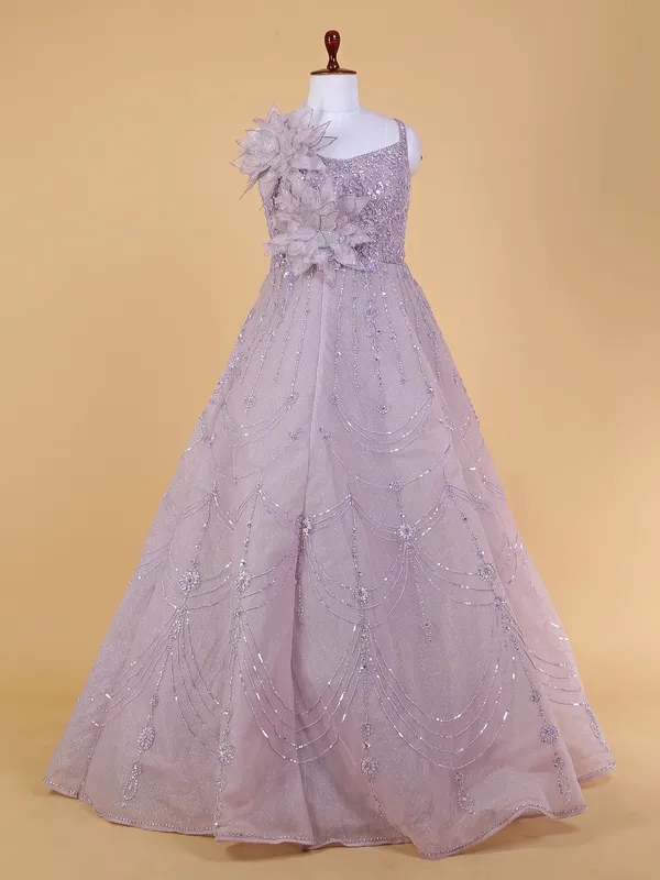 Trendy mauve purple floor length net gown