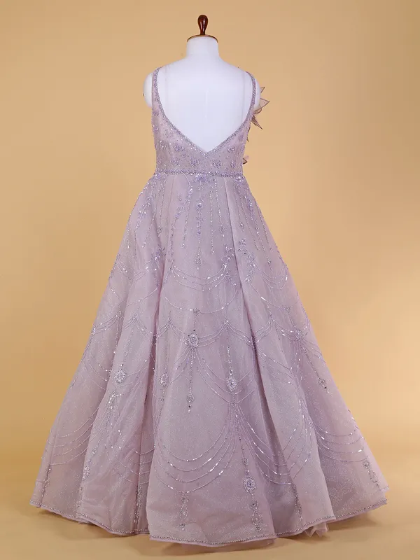 Trendy mauve purple floor length net gown
