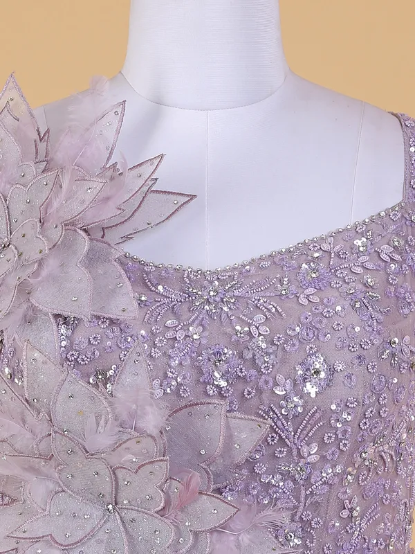 Trendy mauve purple floor length net gown