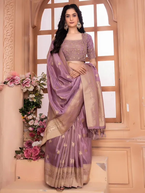 Trendy mauve purple tissue silk saree