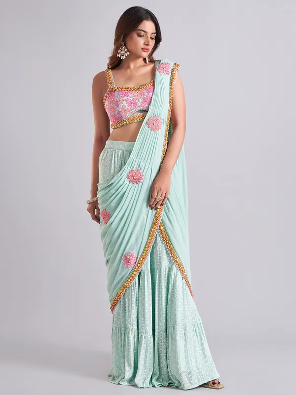 Trendy mint blue georgette saree