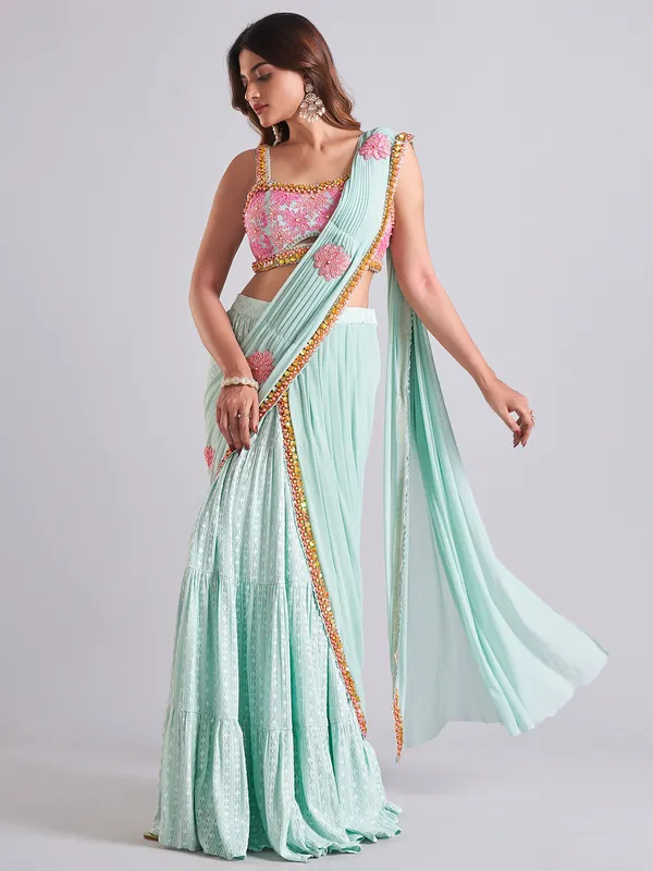 Trendy mint blue georgette saree