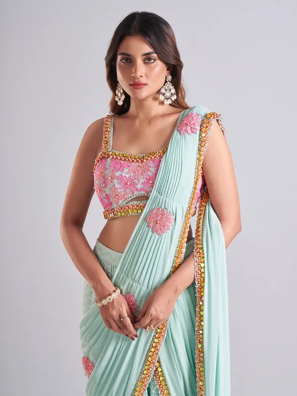 Trendy mint blue georgette saree