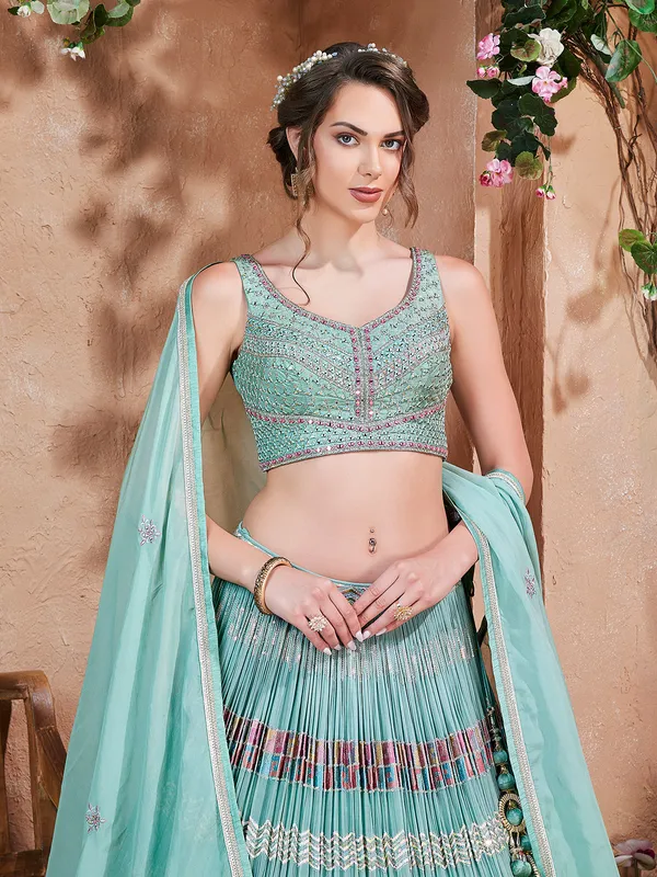 Trendy sage green lehenga choli with dupatta
