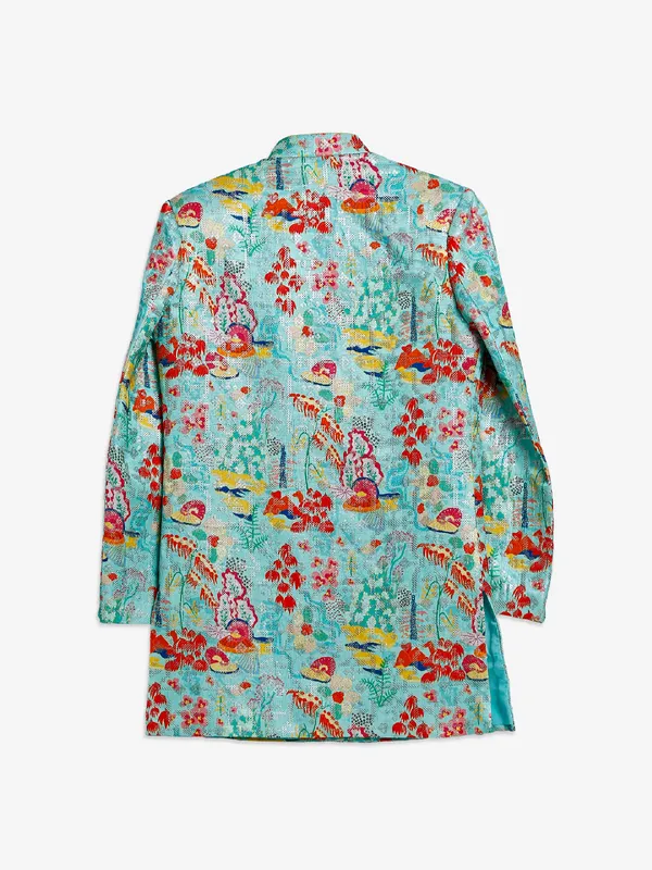 Trendy mint green printed silk indowestern