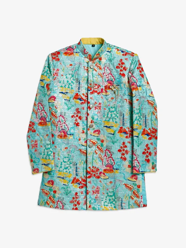 Trendy mint green printed silk indowestern