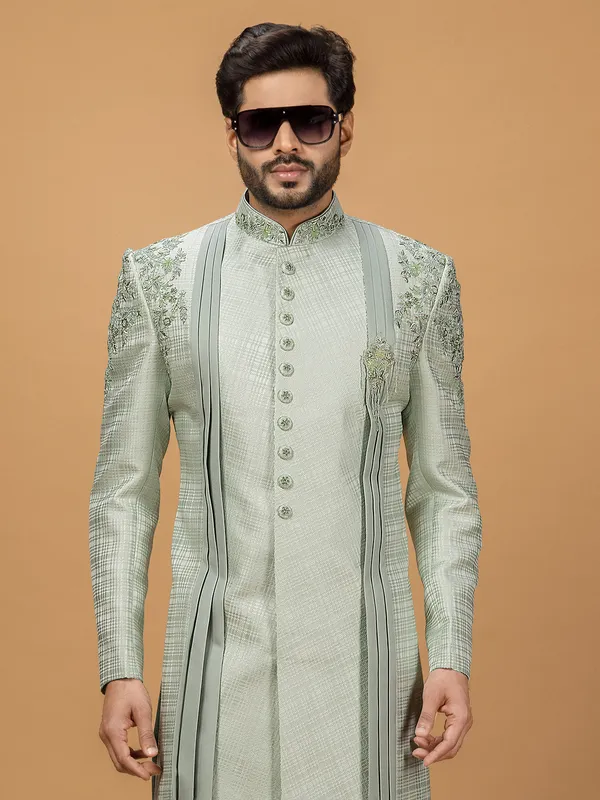 Trendy mint green silk indowestern for wedding