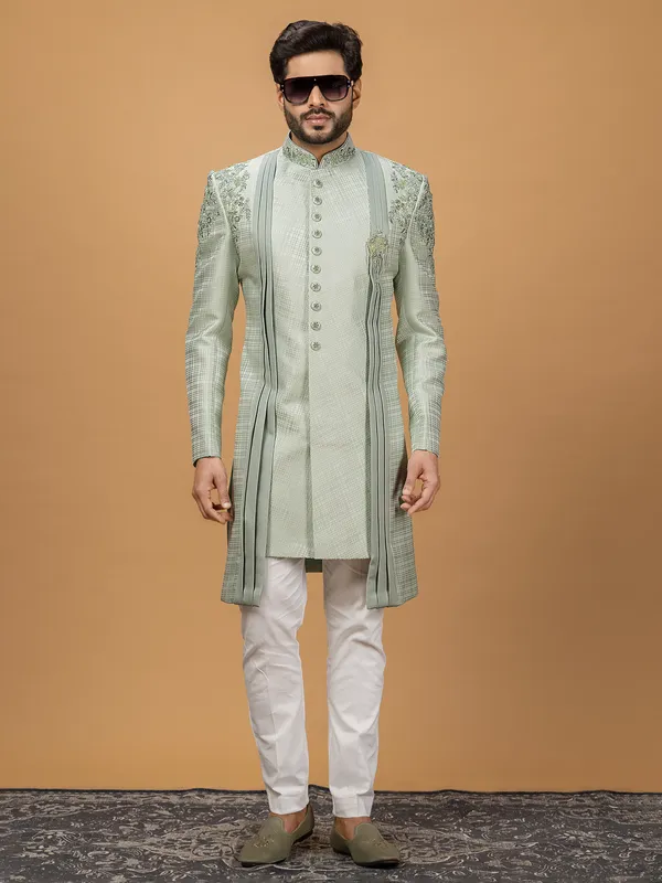 Trendy mint green silk indowestern for wedding
