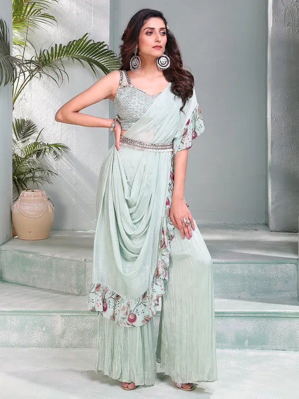 Trendy mint green silk palazzo suit