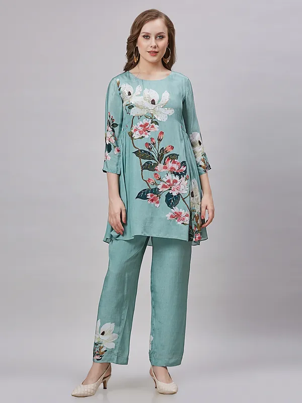 Stylish mint green silk printed co ord set