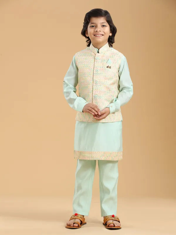 Trendy mint green silk waistcoat set