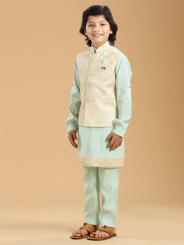 Trendy mint green silk waistcoat set