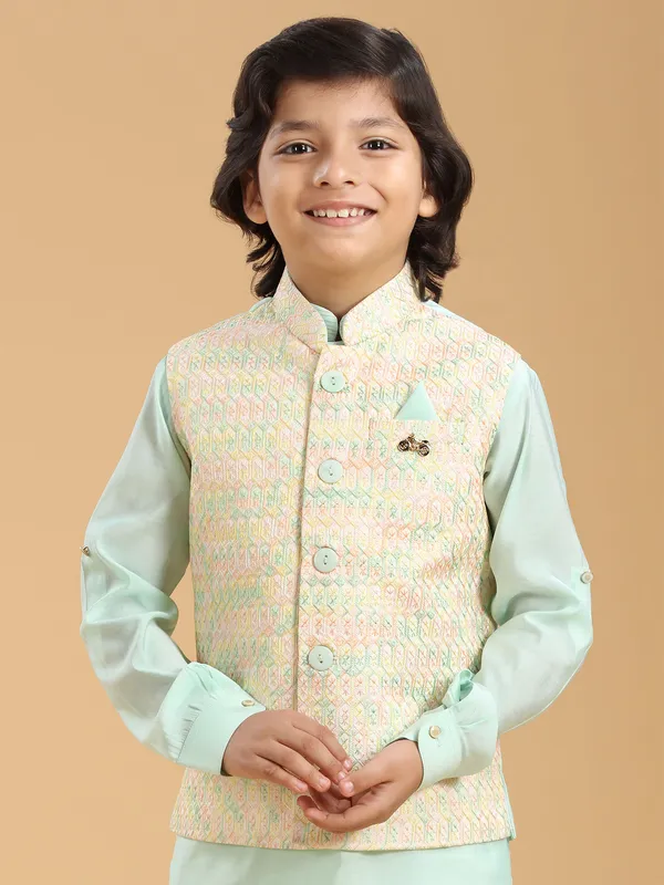 Trendy mint green silk waistcoat set
