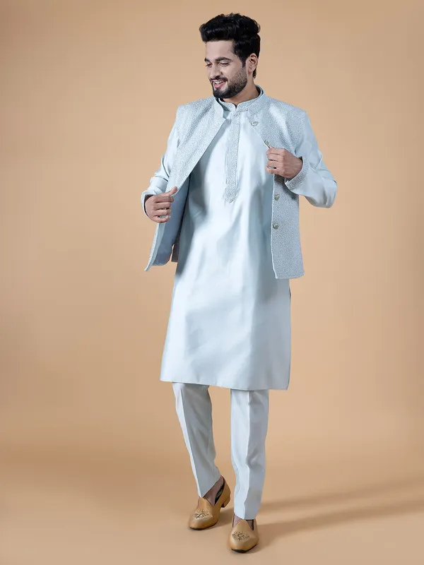 Trendy mint green silk waistcoat set for wedding