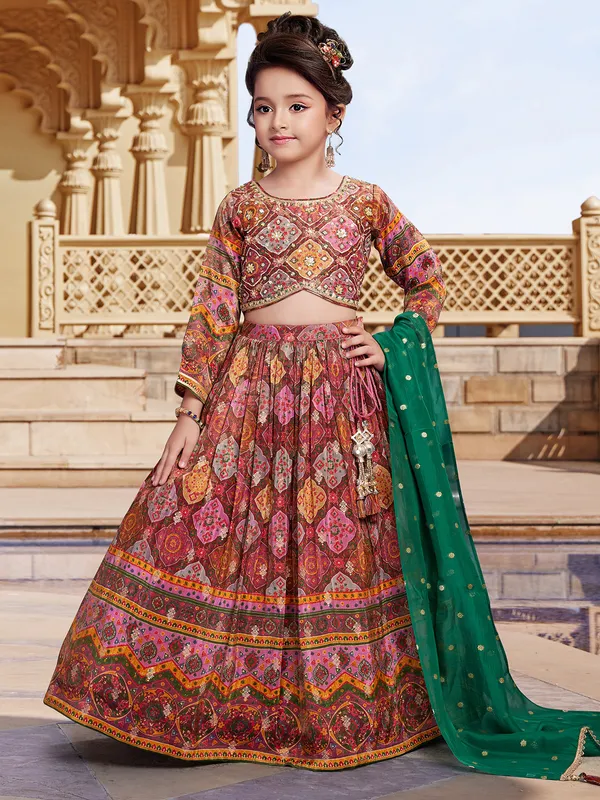 Trendy multi color printed lehenga choli in silk