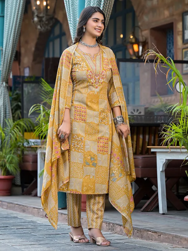 Trendy mustard yellow printed kurti set