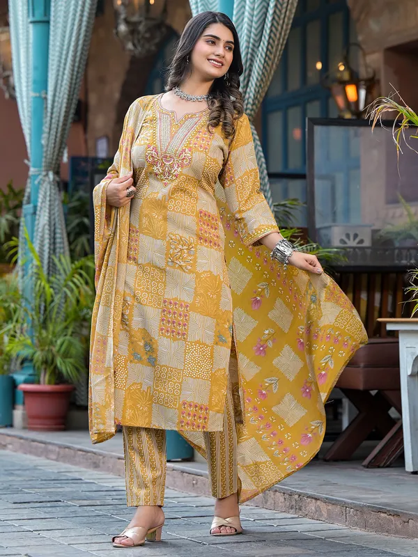 Trendy mustard yellow printed kurti set