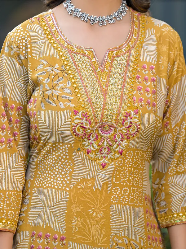 Trendy mustard yellow printed kurti set