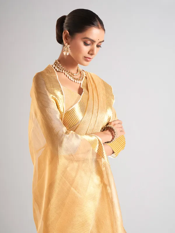 Trendy mustard yellow saree in tissue silk