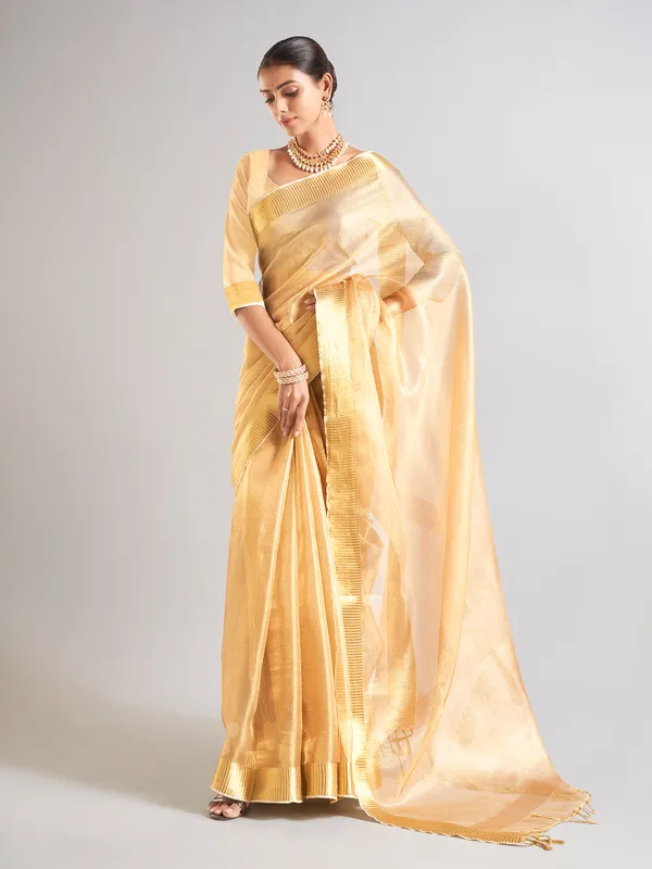 Trendy mustard yellow saree in tissue silk