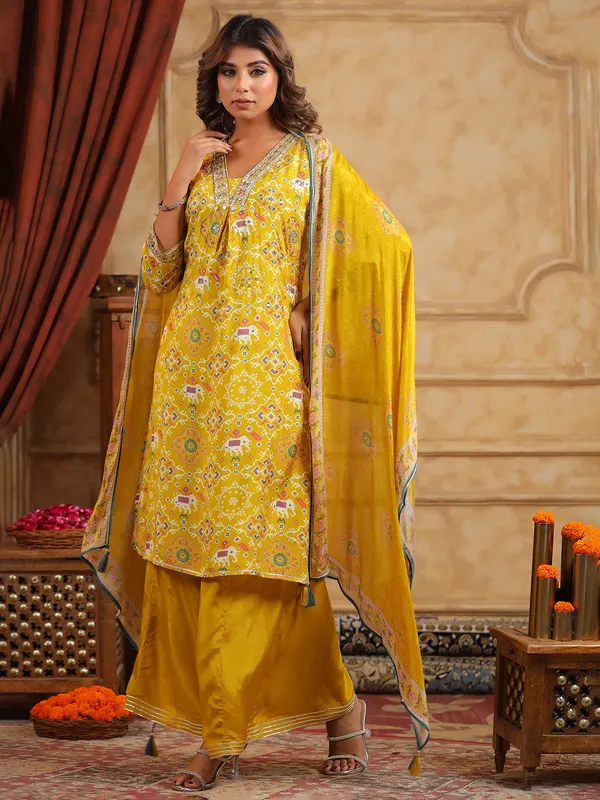 Trendy mustard yellow silk palazzo kurti set