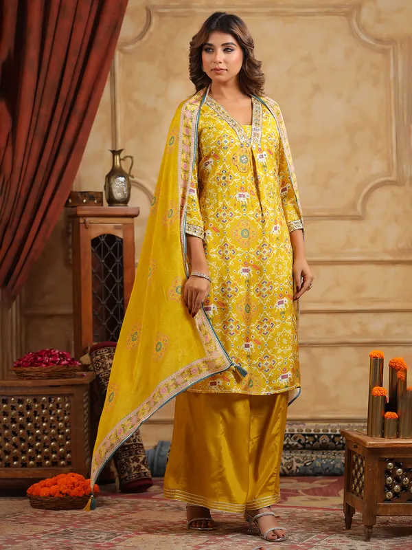 Trendy mustard yellow silk palazzo kurti set