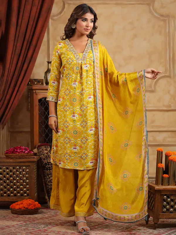 Trendy mustard yellow silk palazzo kurti set