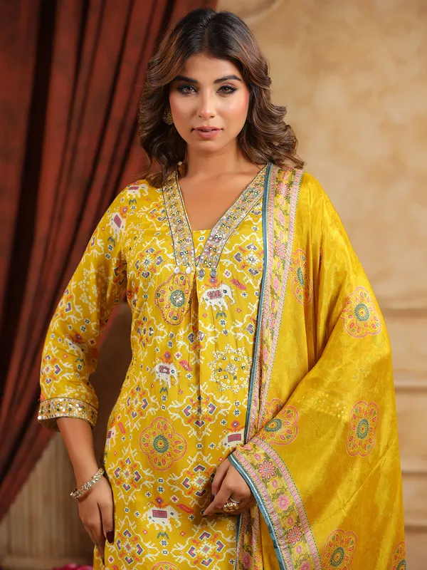 Trendy mustard yellow silk palazzo kurti set