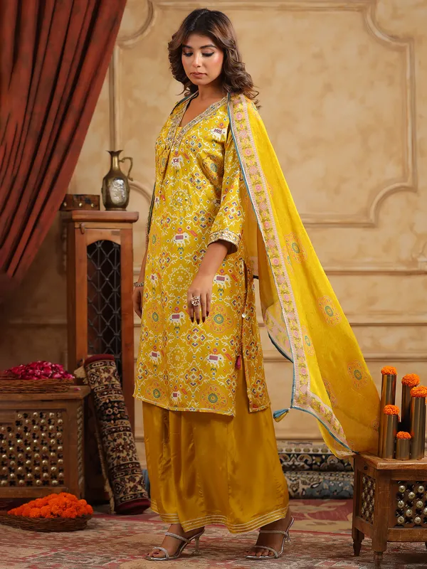 Trendy mustard yellow silk palazzo kurti set
