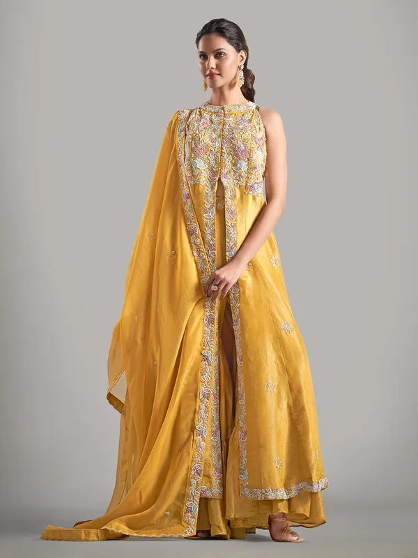 Trendy mustard yellow silk sharara salwar suit