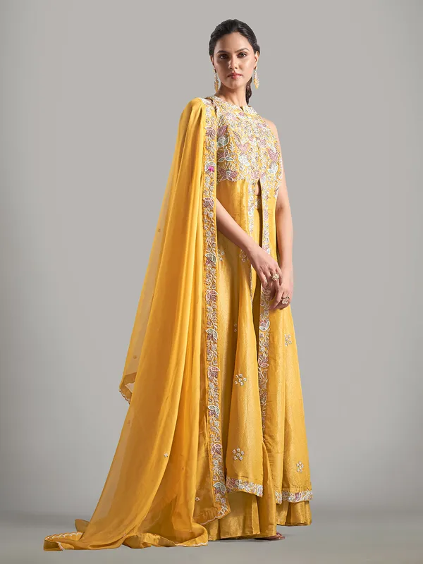 Trendy mustard yellow silk sharara salwar suit
