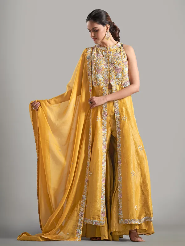 Trendy mustard yellow silk sharara salwar suit