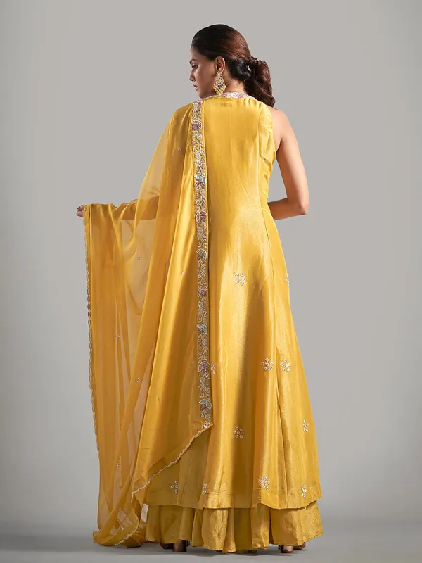 Trendy mustard yellow silk sharara salwar suit